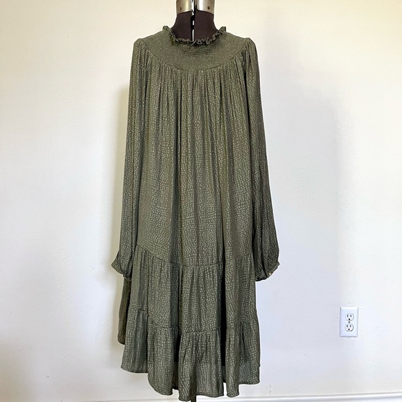 LOFT Fresh Ivy Green Smocked Yoke Swing Dress Women Size XL Long Sleeve Olive - Picture 8 of 11